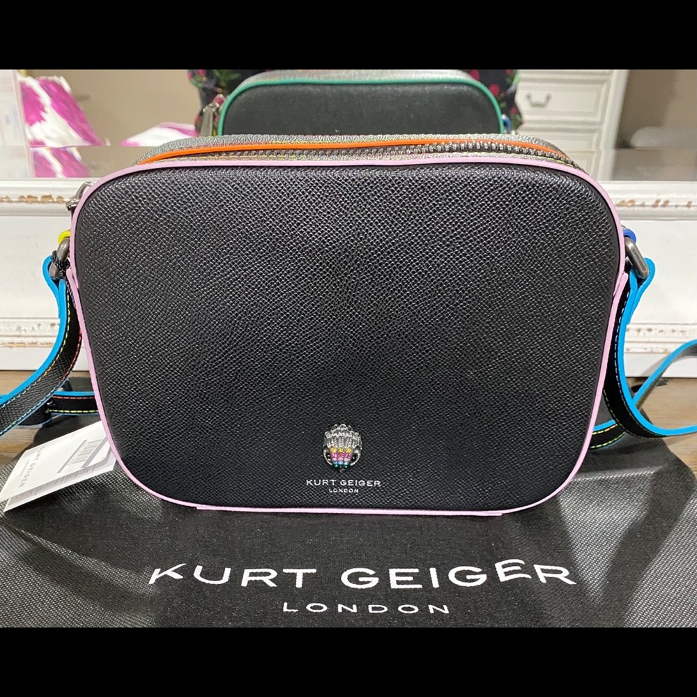 KURT GEIGER LONDON Richmond Black Leather Crossbody Bag with Rainbow Stitching